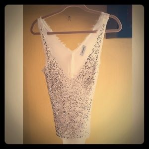 White with silver sequin v-neck Bebe blouse